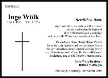 Traueranzeige von Inge Wölk von VRM Trauer