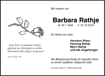 Traueranzeige von Barbara Rathje von Trauerportal Echo Online