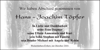 Traueranzeige von Hans Joachim Töpfer von  Gelnhäuser Tageblatt