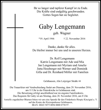 Traueranzeige von Gaby Lengemann von  Gelnhäuser Tageblatt