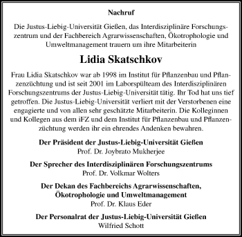 Traueranzeige von Lidia Skatschkov von  Gießener Anzeiger