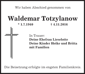 Traueranzeige von Waldemar Totzylanow von Trauerportal Echo Online