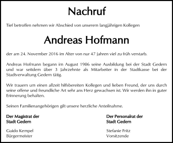 Traueranzeige von Andreas Hofmann von  Kreisanzeiger