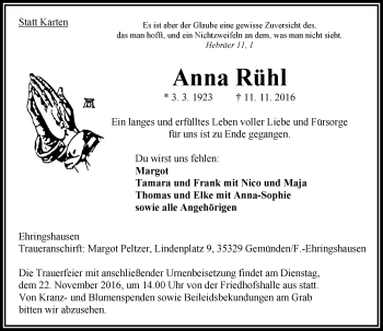 Traueranzeige von Anna Rühl von VRM Trauer