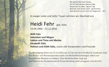 Traueranzeige von Heidi Fehr von Trauerportal Echo Online