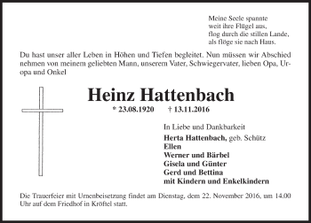 Traueranzeige von Heinz Hattenbach von Trauerportal Rhein Main Presse