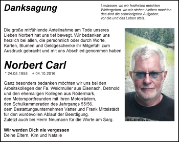 Traueranzeige von Norbert Carl von Trauerportal Echo Online