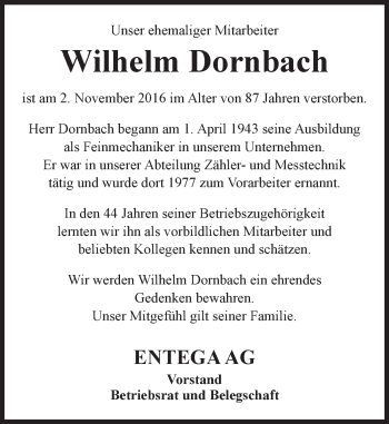 Traueranzeige von Wilhelm Dornbach von Trauerportal Echo Online