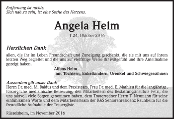 Traueranzeige von Angela Helm von Trauerportal Rhein Main Presse