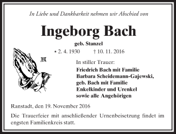 Traueranzeige von Ingeborg Bach von  Kreisanzeiger