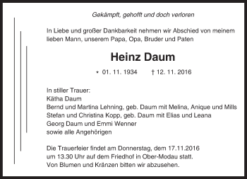 Traueranzeige von Heinz Daum von Trauerportal Echo Online