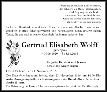 Traueranzeige von Gertrud Elisabeth Wolff von Trauerportal Rhein Main Presse