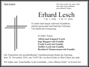Traueranzeige von Erhard Lesch von VRM Trauer