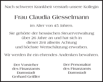 Traueranzeige von Claudia Giesselmann von Trauerportal Echo Online