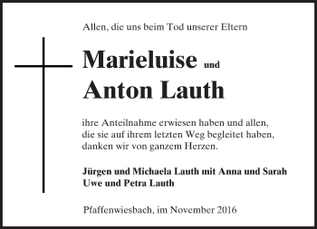 Traueranzeige von Marieluise und Anton Lauth von  Usinger Anzeiger