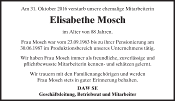 Traueranzeige von Elisabethe Mosch von Trauerportal Echo Online Traueranzeige von Elisabethe Mosch von Trauerportal Echo Online