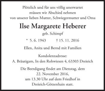 Traueranzeige von Ilse Margarete Heberer von Trauerportal Echo Online