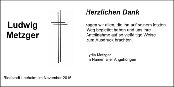 Traueranzeige von Ludwig Metzger von Trauerportal Echo Online