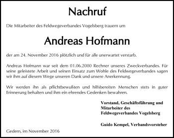 Traueranzeige von Andreas Hofmann von  Kreisanzeiger