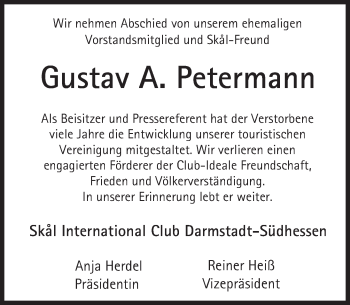 Traueranzeige von Gustav A. Petermann von Trauerportal Echo Online