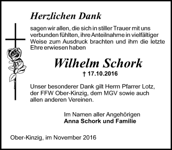 Traueranzeige von Wilhelm Schork von Trauerportal Echo Online
