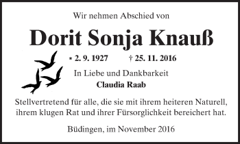 Traueranzeige von Dorit Sonja Knauß von  Kreisanzeiger