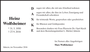 Traueranzeige von Heinz Wolfsheimer von Trauerportal Rhein Main Presse