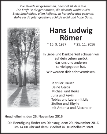 Traueranzeige von Hans Ludwig Römer von  Gießener Anzeiger