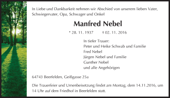 Traueranzeige von Manfred Nebel von Trauerportal Echo Online