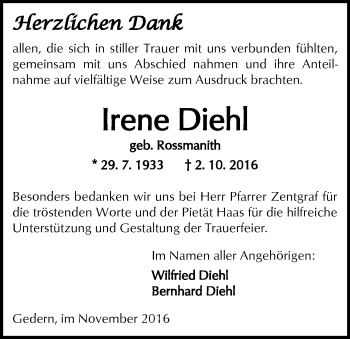 Traueranzeige von Irene Diehl von  Kreisanzeiger