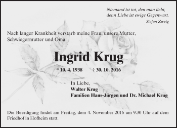 Traueranzeige von Ingrid Krug von Trauerportal Rhein Main Presse