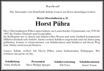Traueranzeige von Horst Pühra von VRM Trauer