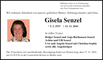 Traueranzeige von Gisela Senzel von  Gelnhäuser Tageblatt