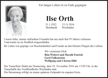 Traueranzeige von Ilse Orth von Trauerportal Rhein Main Presse