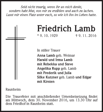 Traueranzeige von Friedrich Lamb von Trauerportal Rhein Main Presse