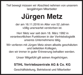 Traueranzeige von Jürgen Metz von Trauerportal Echo Online