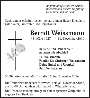 Traueranzeige von Berndt Weissmann von Trauerportal Rhein Main Presse