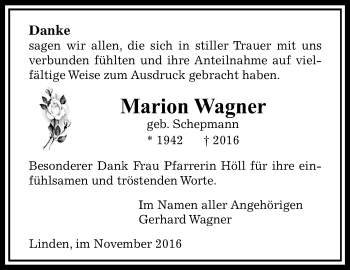 Traueranzeige von Marion Wagner von  Gießener Anzeiger
