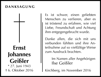 Traueranzeige von Ernst Johannes Geißler von  Gießener Anzeiger