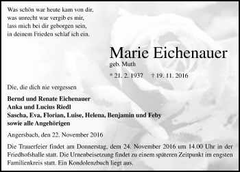 Traueranzeige von Marie Eichenauer von VRM Trauer