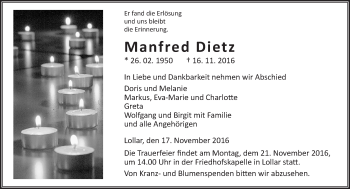 Traueranzeige von Manfred Dietz von  Gießener Anzeiger