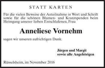 Traueranzeige von Anneliese Vornehm von Trauerportal Rhein Main Presse