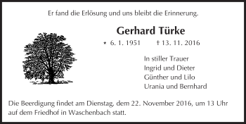 Traueranzeige von Gerhard Türke von Trauerportal Echo Online