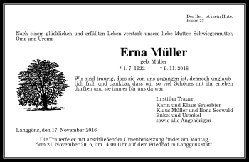 Traueranzeige von Erna Müller von  Gießener Anzeiger