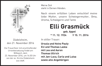 Traueranzeige von Elli Grasmück von  Kreisanzeiger