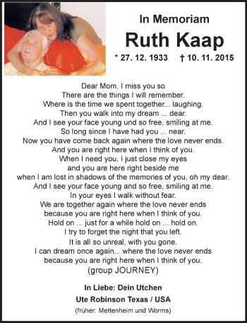 Traueranzeige von Ruth Kaap von Trauerportal Rhein Main Presse