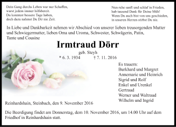 Traueranzeige von Irmtraud Dörr von  Gießener Anzeiger