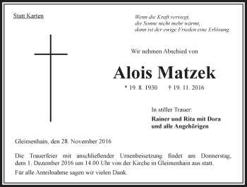 Traueranzeige von Alois Matzek von VRM Trauer