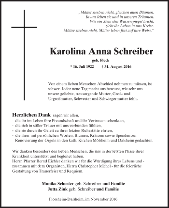 Traueranzeige von Karolina Anna Schreiber von Trauerportal Rhein Main Presse