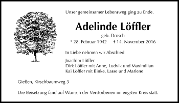 Traueranzeige von Adelinde Löffler von  Gießener Anzeiger